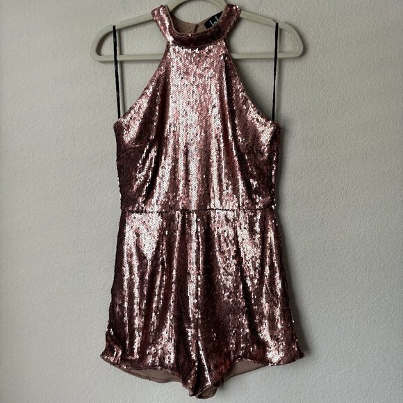 Lulu's Steppin' Out Halter Neck Matte Copper Sequin Romper - Picture 2 of 14